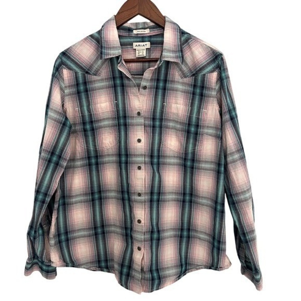 Ariat women Billie Jean plaid button down shirt XL embroidered pink teal western